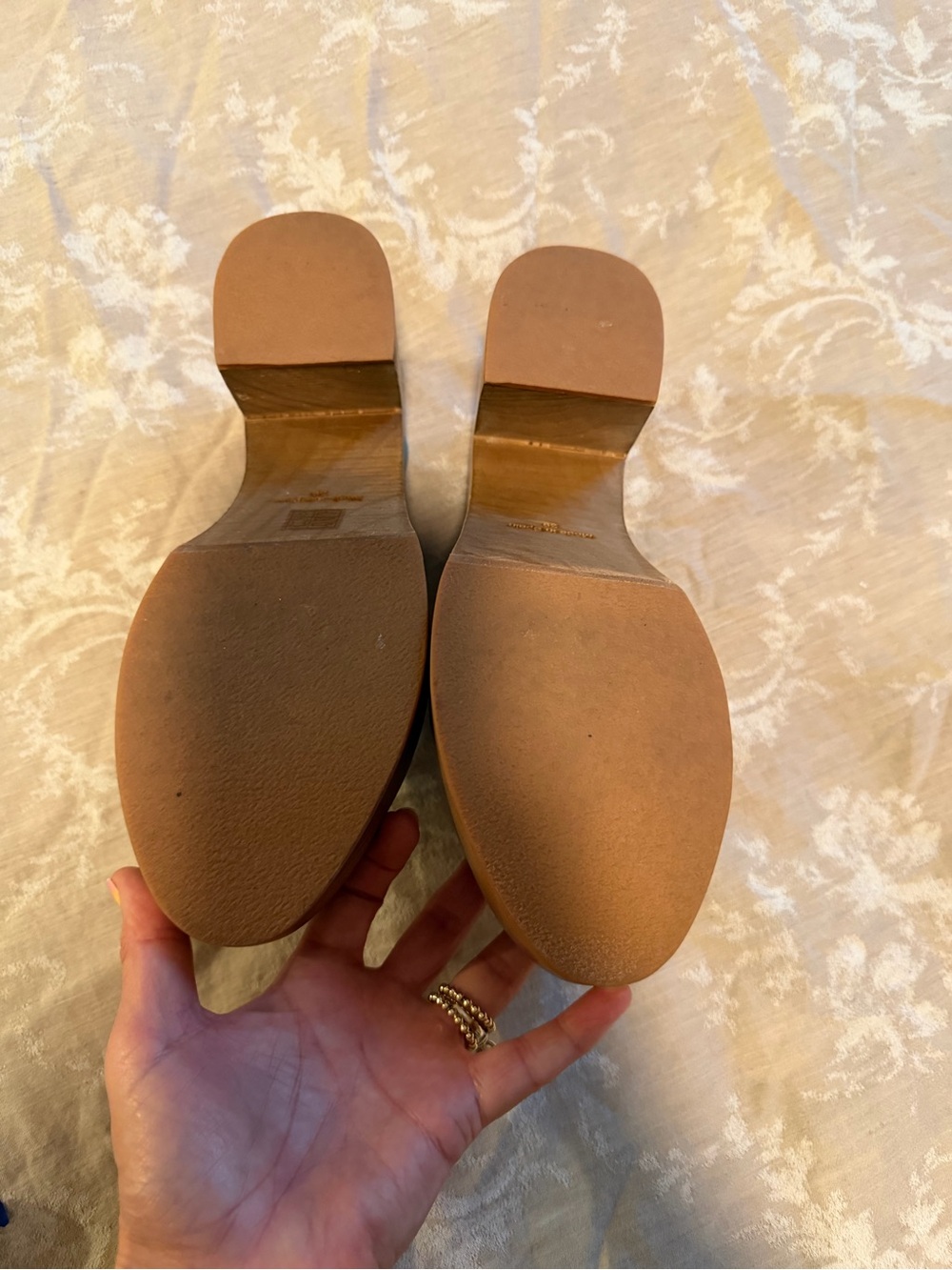 Free People Sky Blue Leather Slide Clogs with Wooden Block Heel, Size 39 - Picture 5 of 11